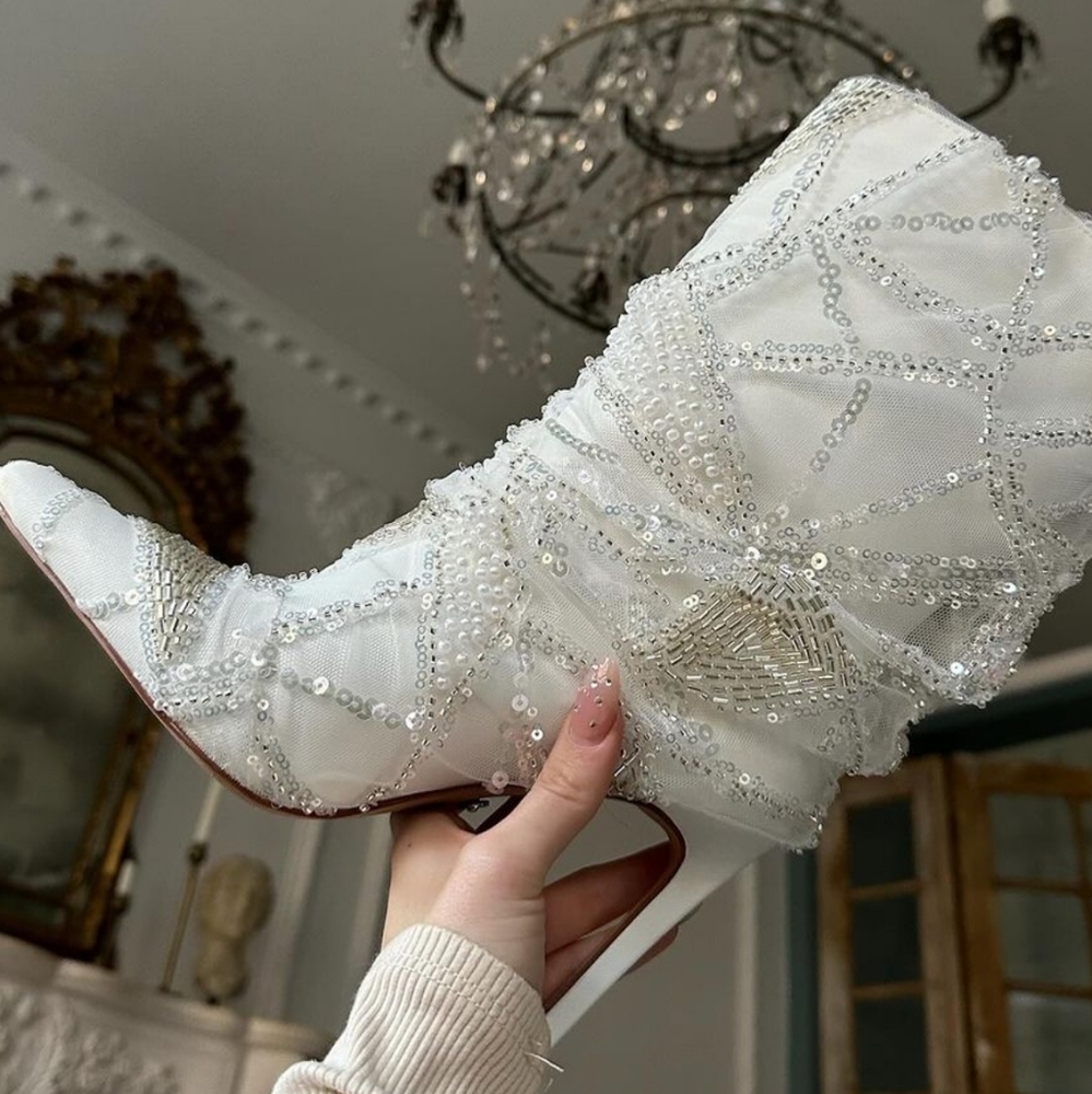 NWT Showstopper White Booties Lace & Diamond Sparkling Mid Boots one of a kind